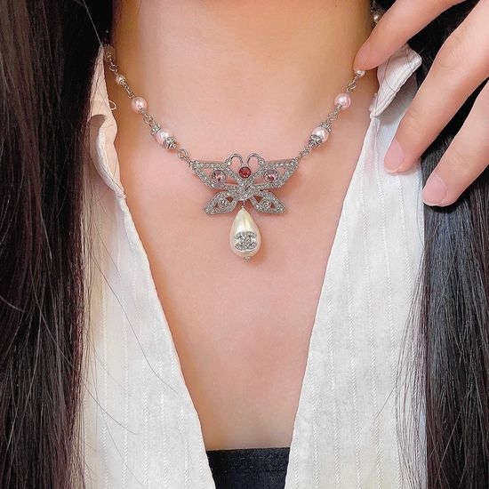 Chanel Bow Pearl Rhinestone Pendant Necklace