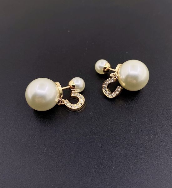Christian Dior CD Pearl Hoop Earrings Brass Jewelry