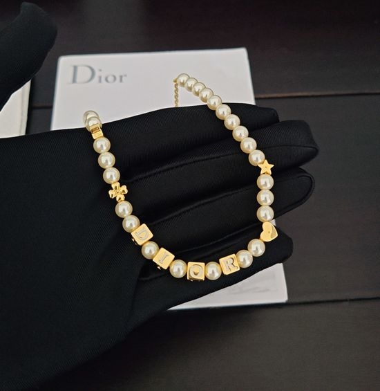 Christian Dior CD Letter Square Pearl Pendant Necklace