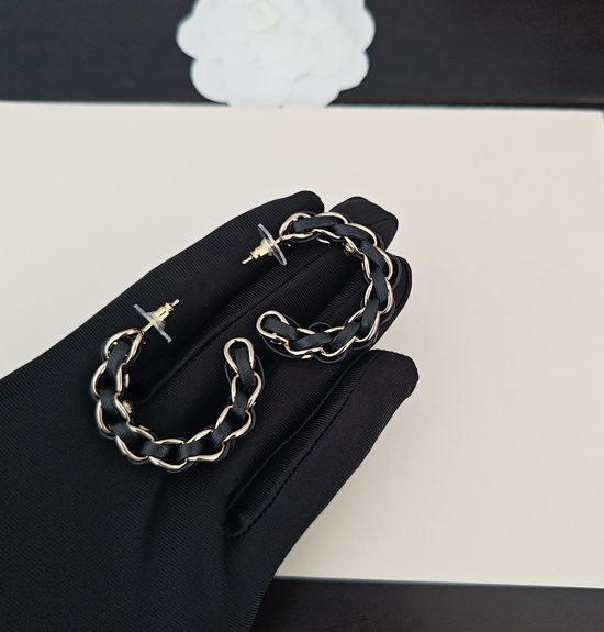 Chanel Black Leather Twist Ear Hooks Brass