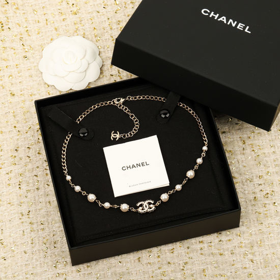 Chanel Lace Trim Pearl Choker Necklace