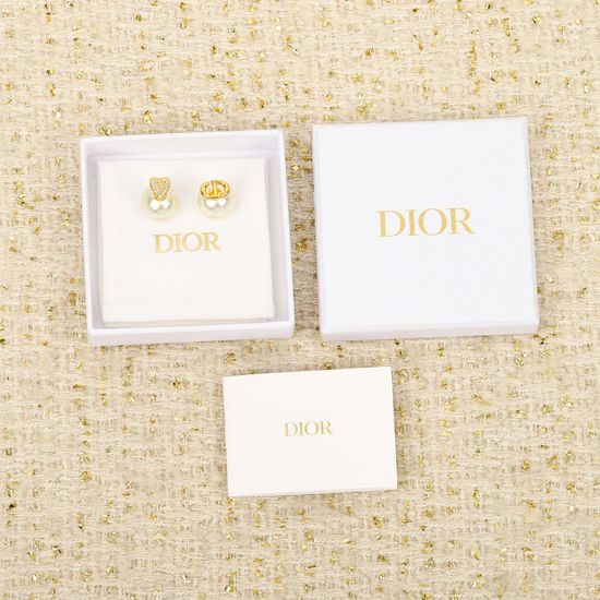 Christian Dior CD Rhinestone Pearl Heart Stud Earrings