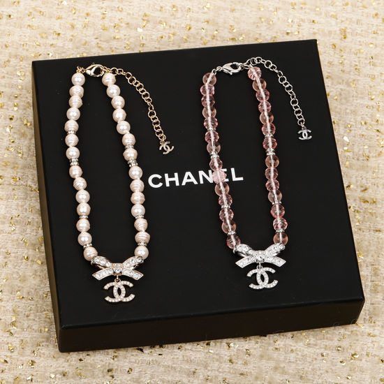 Chanel Pearl Bow Rhinestone Short Choker Necklace