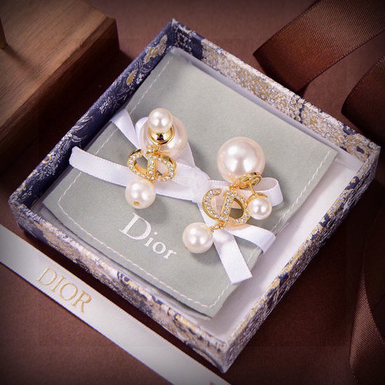 Christian Dior CD Pearl Stud Earrings Brass Material