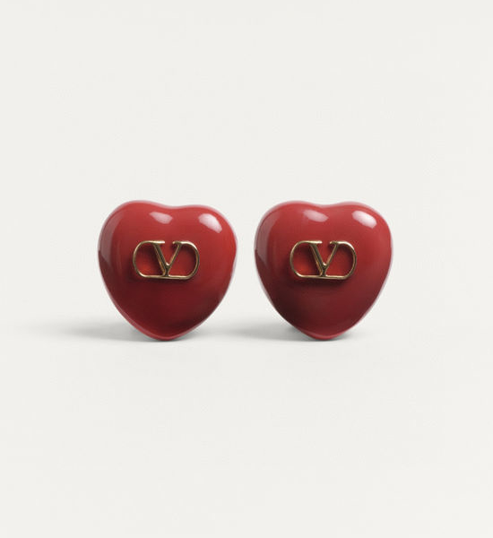 Valentino Red Heart Enamel Metal Stud Earrings