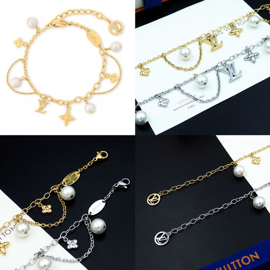 Louis Vuitton LV Beaded Inlaid Silver Chain Bracelet