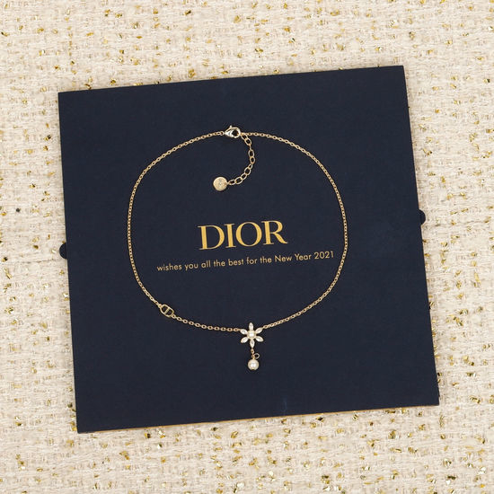 Christian Dior CD Pearl Necklace with Flower and Crystal Details