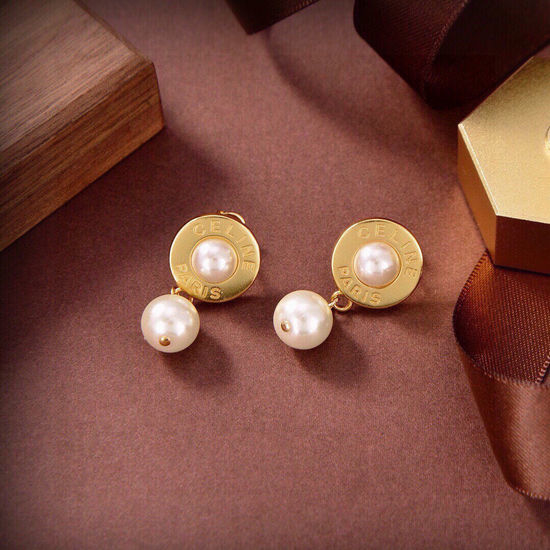 Celine Golden Pearl Stud Earrings Unique Design