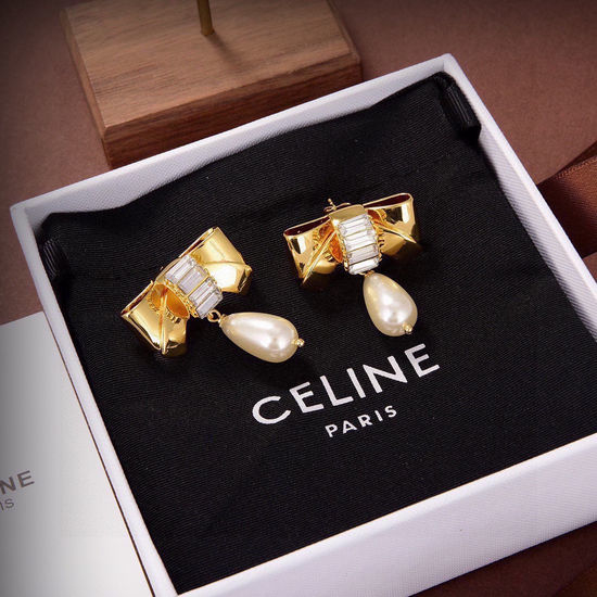 Celine Bow Pattern Engraved Brass Stud Earrings