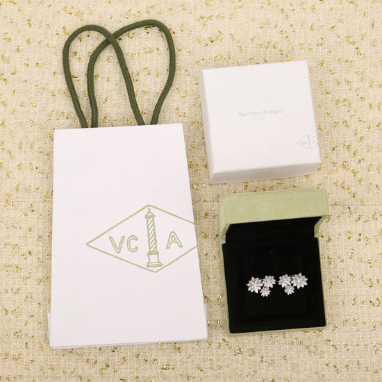 Van Cleef & Arpels VCA Diamond Inlaid Lotus Silver Earrings