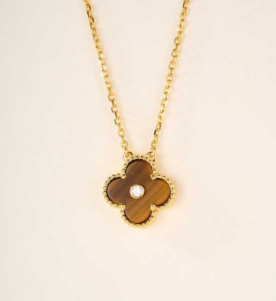 Van Cleef & Arpels VCA Clover Diamond Inlaid Necklace Natural Stone