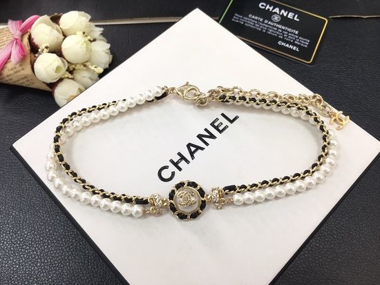 Chanel Woven Leather Pearl Choker Necklace