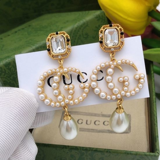 Gucci Square Crystal Tassel Pearl Earrings