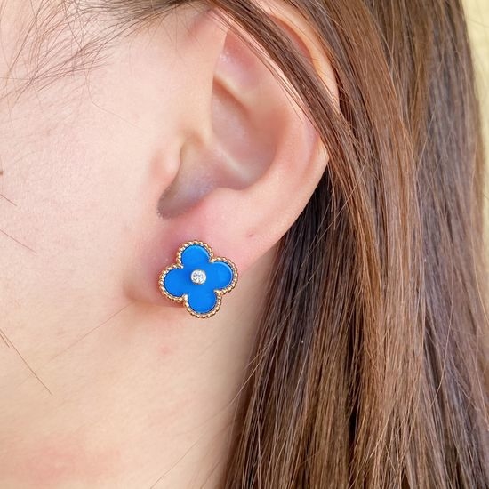 Van Cleef & Arpels VCA Blue Agate Diamond Clover Earrings