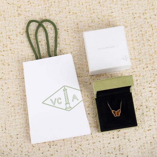 Van Cleef & Arpels VCA Butterfly Pendant Necklace Tiger s Eye Stone