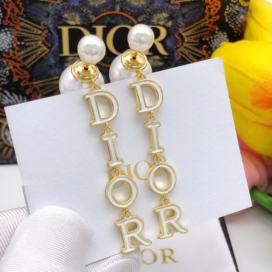 Christian Dior CD Enamel Letter Tassel Pearl Earrings