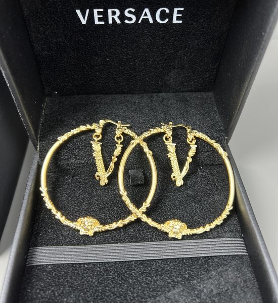 Versace Golden Stud Earrings Maze Pattern Brass Material