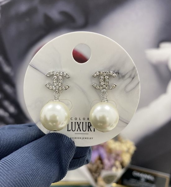 Chanel Full Diamond Inlaid Pearl Drop Earrings