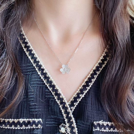 Van Cleef & Arpels VCA Full Diamond Clover Pendant Necklace