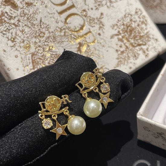 Christian Dior CD Star Pearl Decor Drop Earrings Classic Design