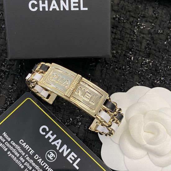 Chanel Leather Woven Chain Metal Logo Bangle