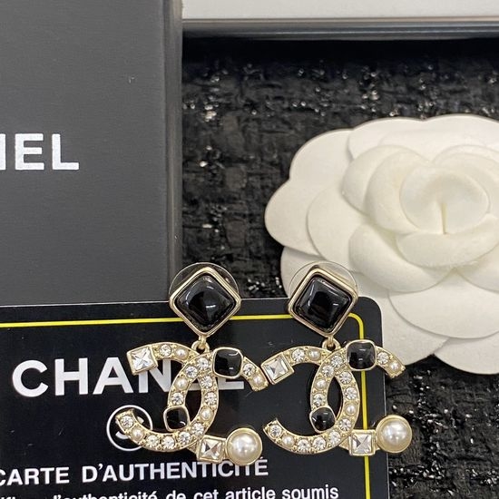 Chanel Pearl Crystal Pendant Stud Earrings