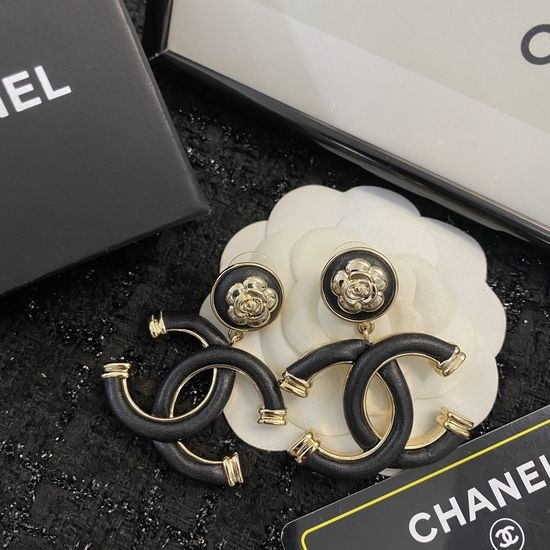 Chanel Leather Camellia Pendant Earrings