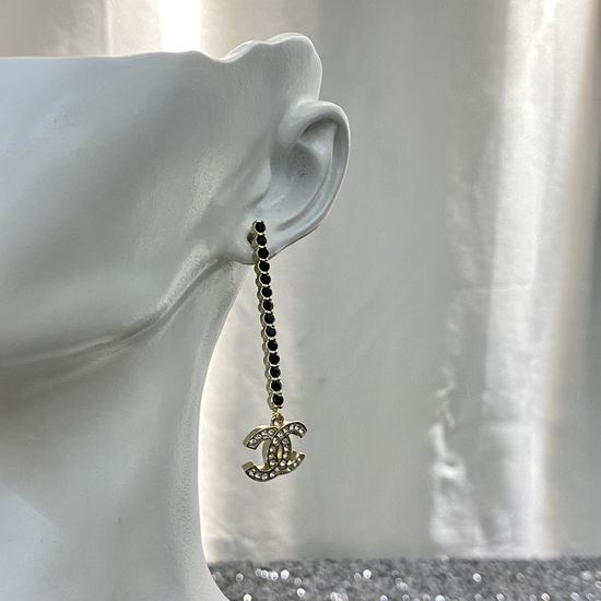 Chanel Black Crystal Pendant Stud Earrings