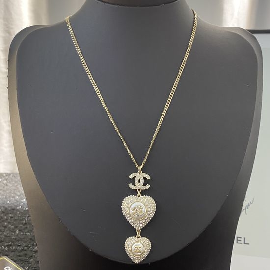 Chanel Diamond Double Heart Pearl Necklace