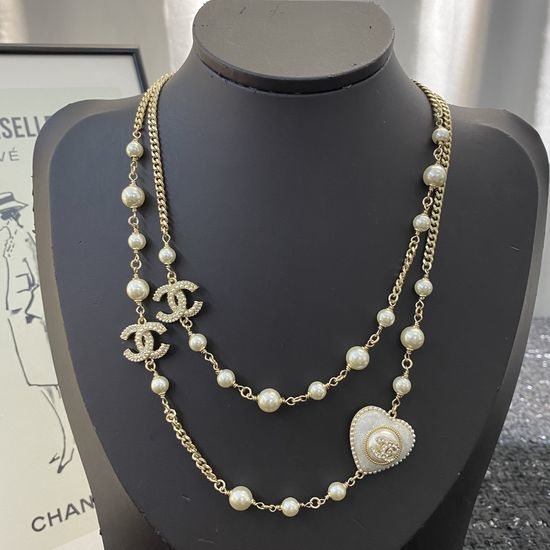 Chanel Heart Pearl Double C Layered Necklace