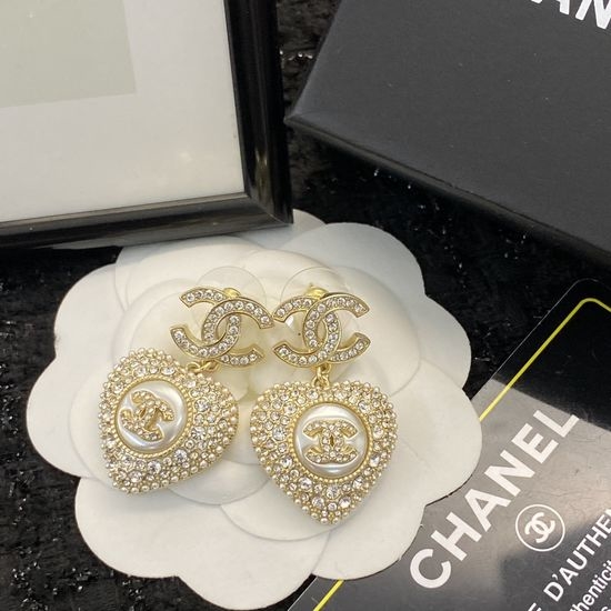 Chanel Rhinestone Pearl Heart Dangle Earrings