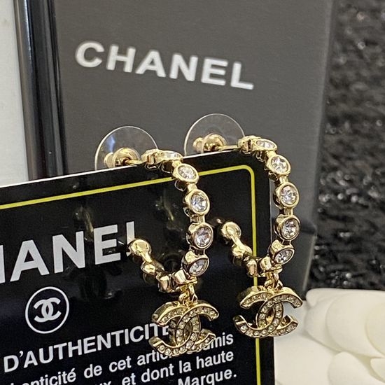 Chanel Rhinestone Hoop Earrings Delicate Pendant