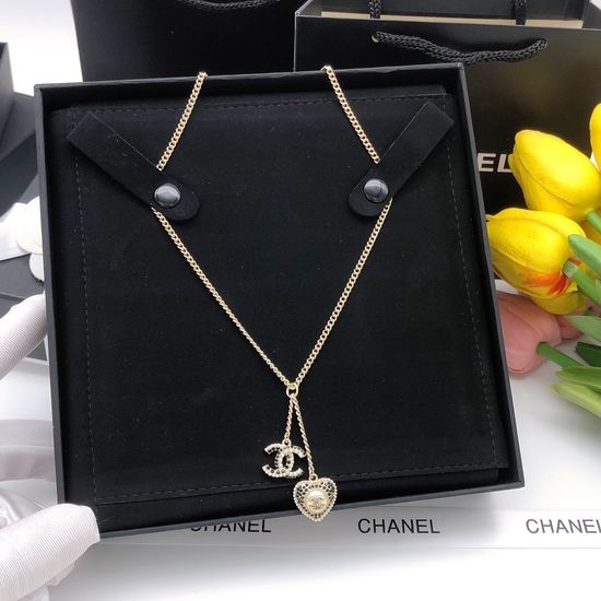 Chanel Rhinestone Pearl Heart Tassel Pendant Necklace