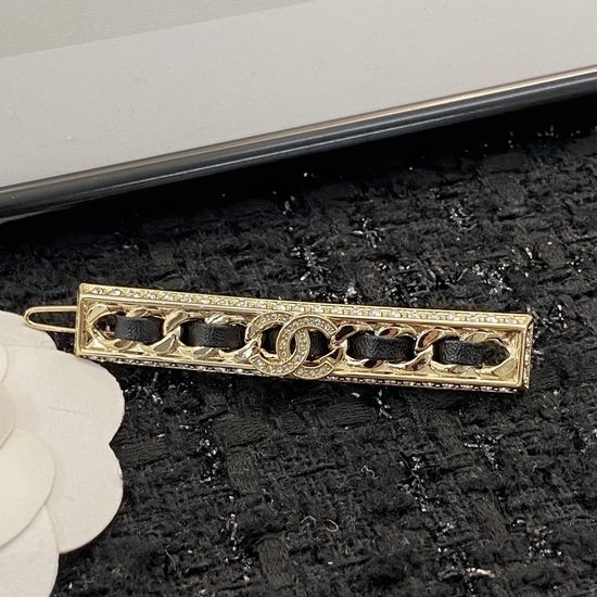 Chanel Leather Rhinestone Logo Hair Clip