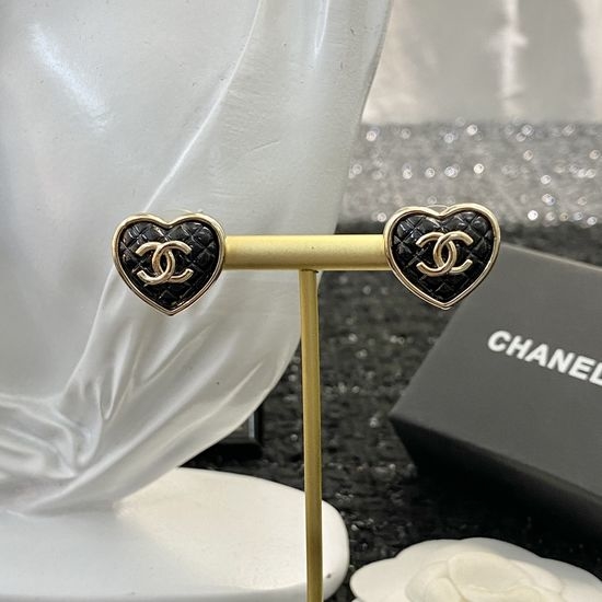 Chanel Quilted Black Heart Stud Earrings
