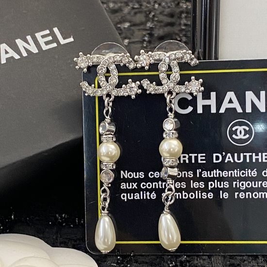 Chanel Rhinestone Pearl Tassel Drop Earrings