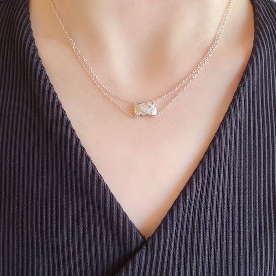 Chanel Quilted Pattern Diamond Accent Chain Necklace