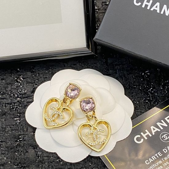 Chanel Pink Crystal Hollow Heart Earrings