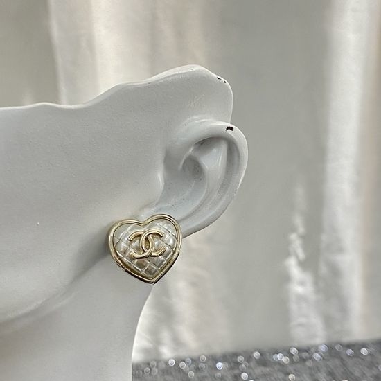 Chanel Quilted White Heart Stud Earrings
