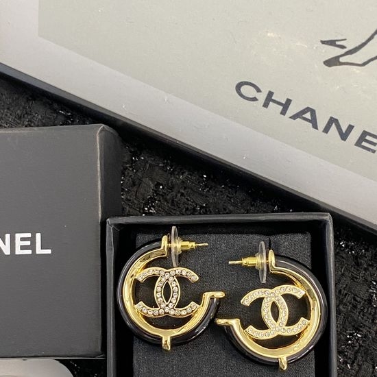 Chanel Vintage Enamel Black Gold Hoop Earrings