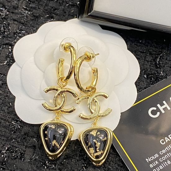 Chanel Black Gold Foil Inlay Drop Earrings