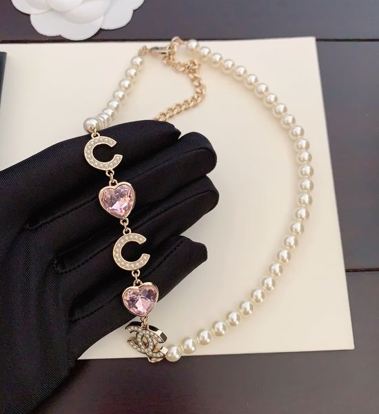 Chanel Pink Heart Pearl Pendant Necklace
