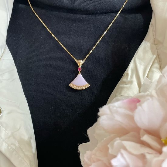 Bvlgari Pink Stone Fan Necklace with Pave Diamonds