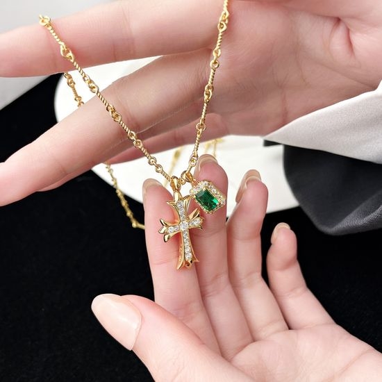 Chrome Hearts Emerald Cross Pendant Multi-wear Necklace