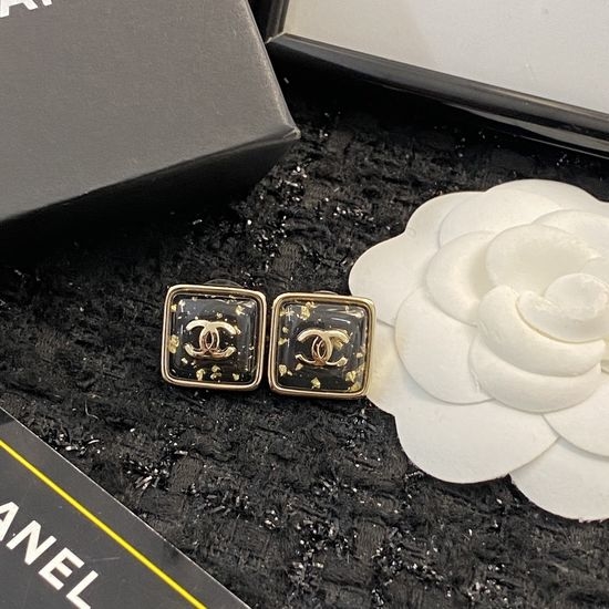 Chanel Black Gold Square Stud Earrings