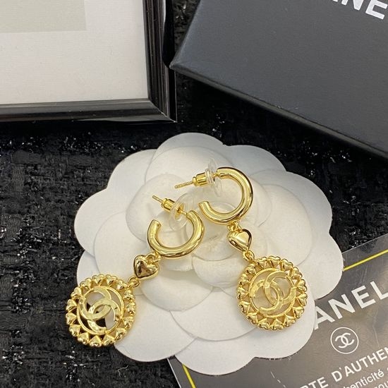 Chanel Hollow Heart Drop Hoop Earrings