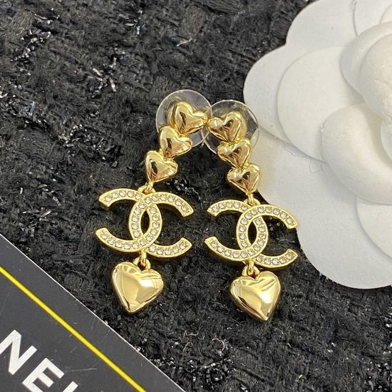 Chanel Rhinestone Heart Tassel Drop Earrings