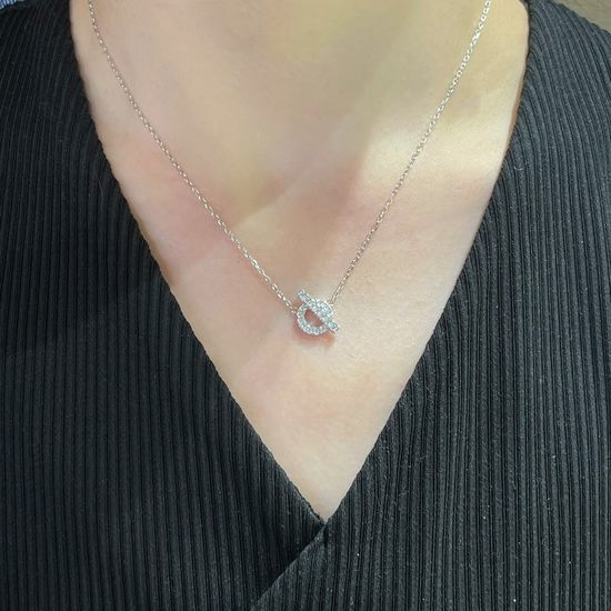 Hermes Rhinestone OT Buckle Silver Necklace