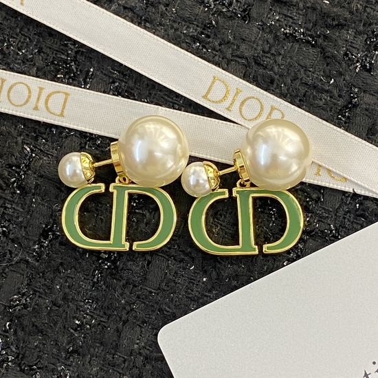Christian Dior CD Double Pearl Green Drop Oil Earrings