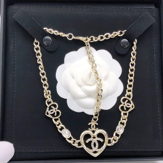 Chanel Hollow Rhinestone Heart Jewelry Light Gold
